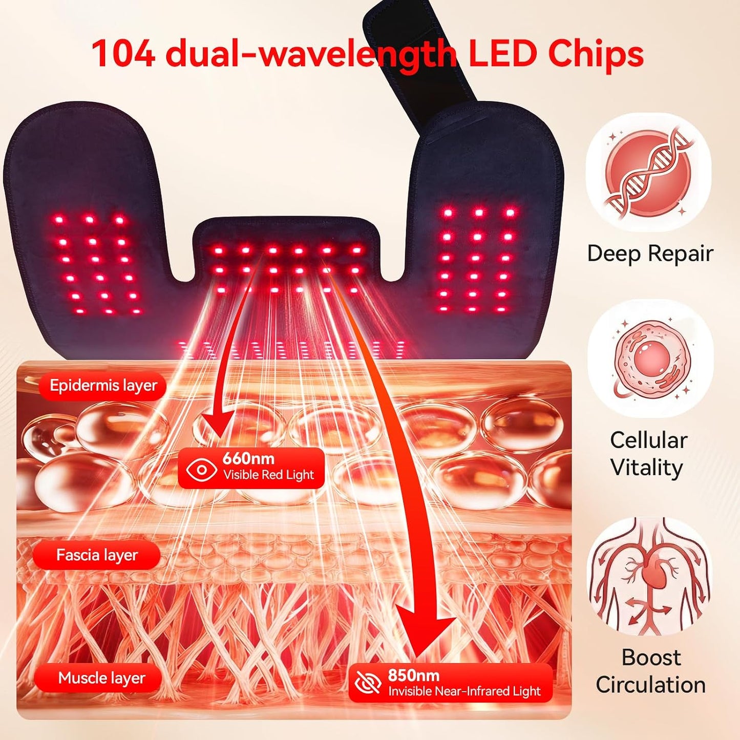 Red Light Therapy for Neck Shoulder, 660nm & 850nm Infrared Light Therapy Wrap, Cordless 5000mAh Rechargeable Light Therapy Pad with Timer & Pulse Modes for Home Use