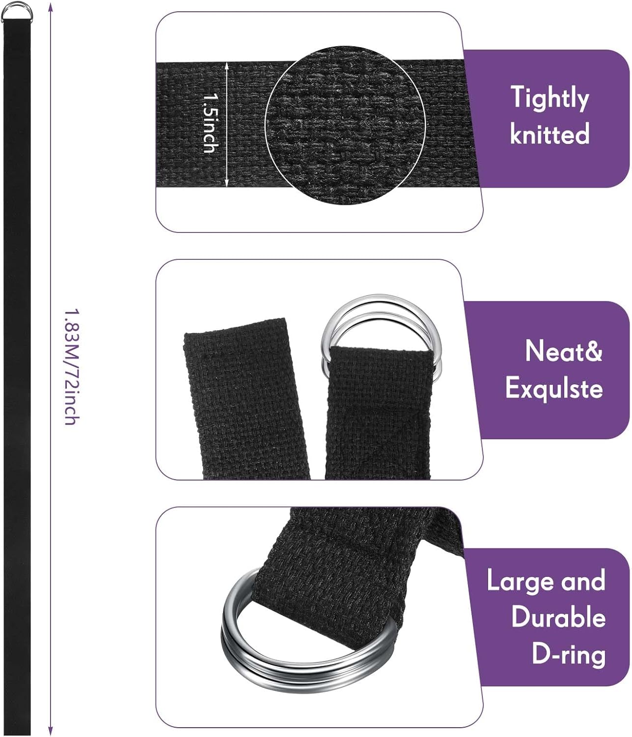 Yoga Strap for Stretching Bulk 6ft Exercise Stretch Band with Metal D Ring Adjustable Pilates Non Elastic Yoga Belt for Women Men Physical Fitness Gym Workout Dance