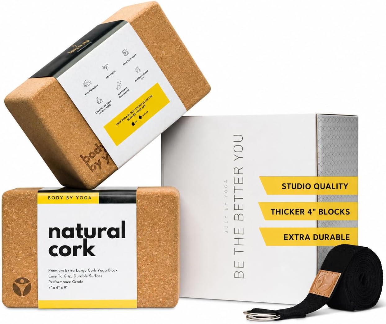 Cork Yoga Blocks 2 Pack – High Density Non Slip with Select Cork Grain for Chip-Resistant Durability | Extra Thick 4” for Support & Stability | Natural, Smooth, and Crumble Free