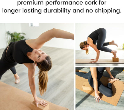 Cork Yoga Blocks 2 Pack – High Density Non Slip with Select Cork Grain for Chip-Resistant Durability | Extra Thick 4” for Support & Stability | Natural, Smooth, and Crumble Free