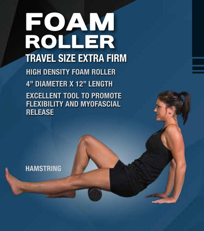 Travel Size Foam Roller, High-Density Black Foam, Flexibility, MyoFascial Release, Compact & Portable, Includes Four-Color Exercise Program Providing Common Foam Rolling Techniques.