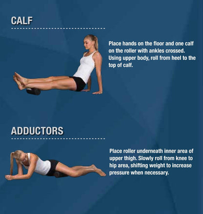 Travel Size Foam Roller, High-Density Black Foam, Flexibility, MyoFascial Release, Compact & Portable, Includes Four-Color Exercise Program Providing Common Foam Rolling Techniques.