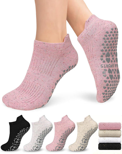 Pilates Socks for Women Non Slip Grip Socks for Yoga, Barre, Hospital, Barefoot Grippy Yoga Sock Womens Gifts 4 Pairs