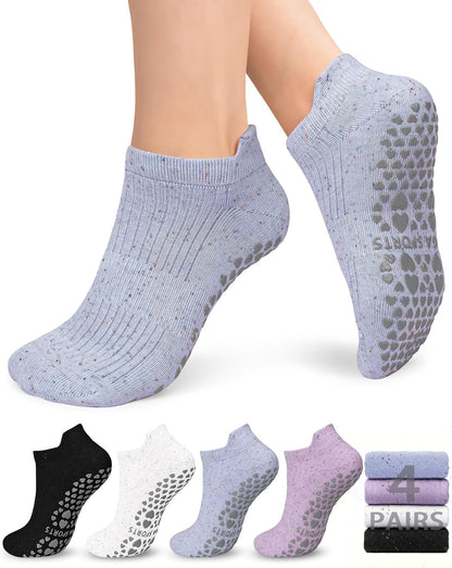 Pilates Socks for Women Non Slip Grip Socks for Yoga, Barre, Hospital, Barefoot Grippy Yoga Sock Womens Gifts 4 Pairs