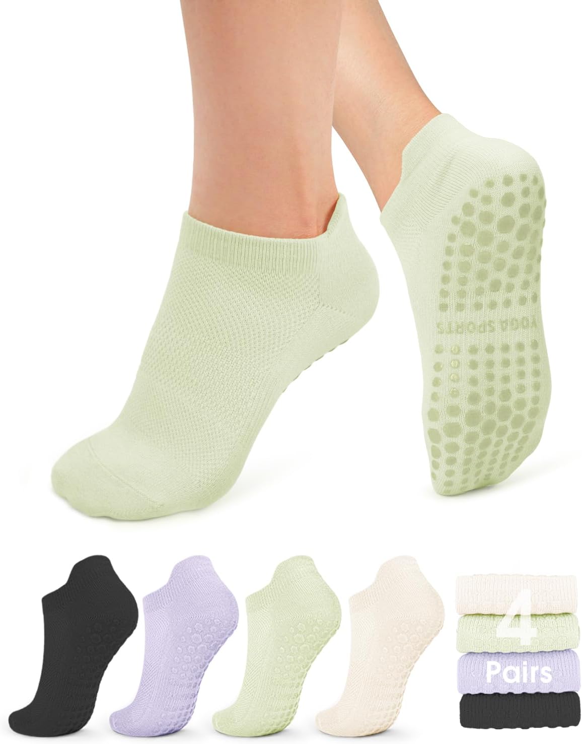 Pilates Socks for Women Non Slip Grip Socks for Yoga, Barre, Hospital, Barefoot Grippy Yoga Sock Womens Gifts 4 Pairs