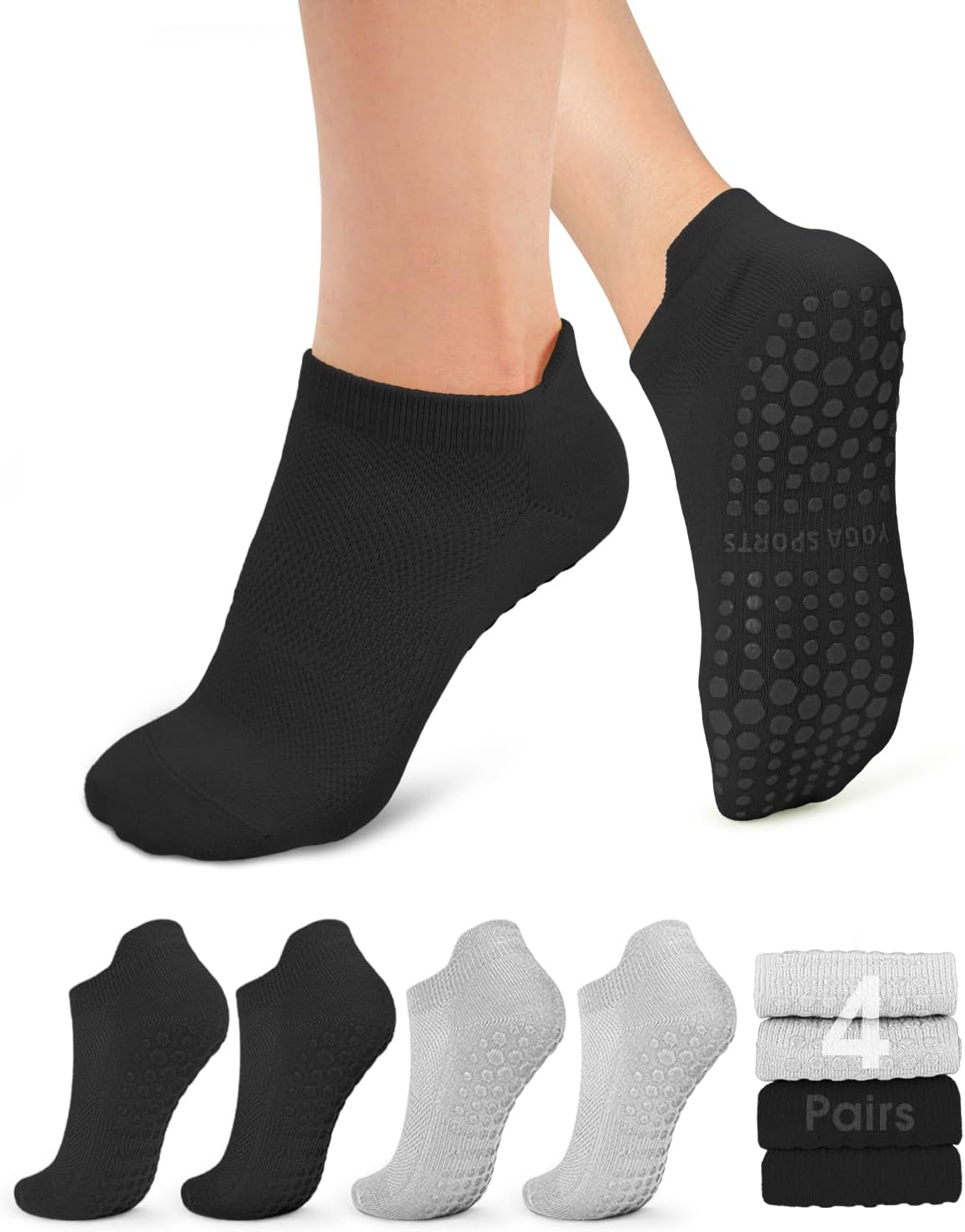 Pilates Socks for Women Non Slip Grip Socks for Yoga, Barre, Hospital, Barefoot Grippy Yoga Sock Womens Gifts 4 Pairs