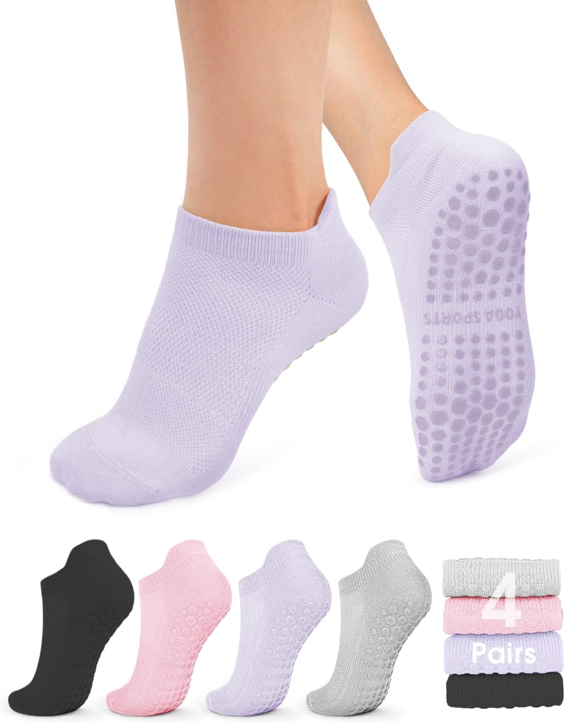 Pilates Socks for Women Non Slip Grip Socks for Yoga, Barre, Hospital, Barefoot Grippy Yoga Sock Womens Gifts 4 Pairs