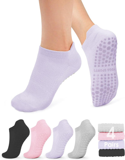 Pilates Socks for Women Non Slip Grip Socks for Yoga, Barre, Hospital, Barefoot Grippy Yoga Sock Womens Gifts 4 Pairs