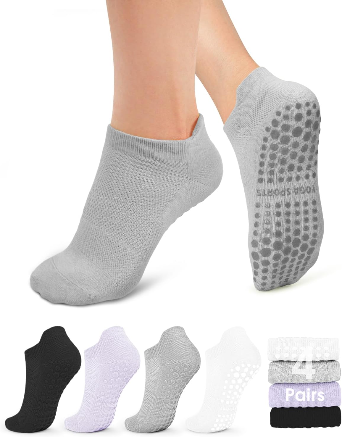 Pilates Socks for Women Non Slip Grip Socks for Yoga, Barre, Hospital, Barefoot Grippy Yoga Sock Womens Gifts 4 Pairs