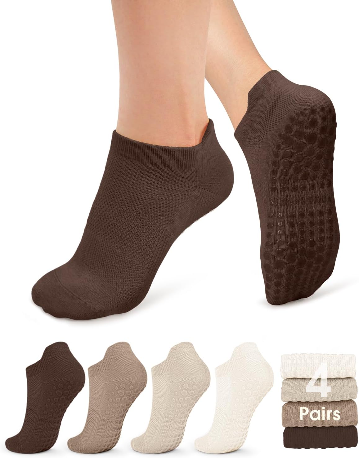 Pilates Socks for Women Non Slip Grip Socks for Yoga, Barre, Hospital, Barefoot Grippy Yoga Sock Womens Gifts 4 Pairs