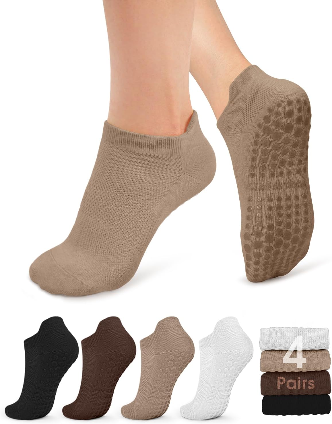Pilates Socks for Women Non Slip Grip Socks for Yoga, Barre, Hospital, Barefoot Grippy Yoga Sock Womens Gifts 4 Pairs