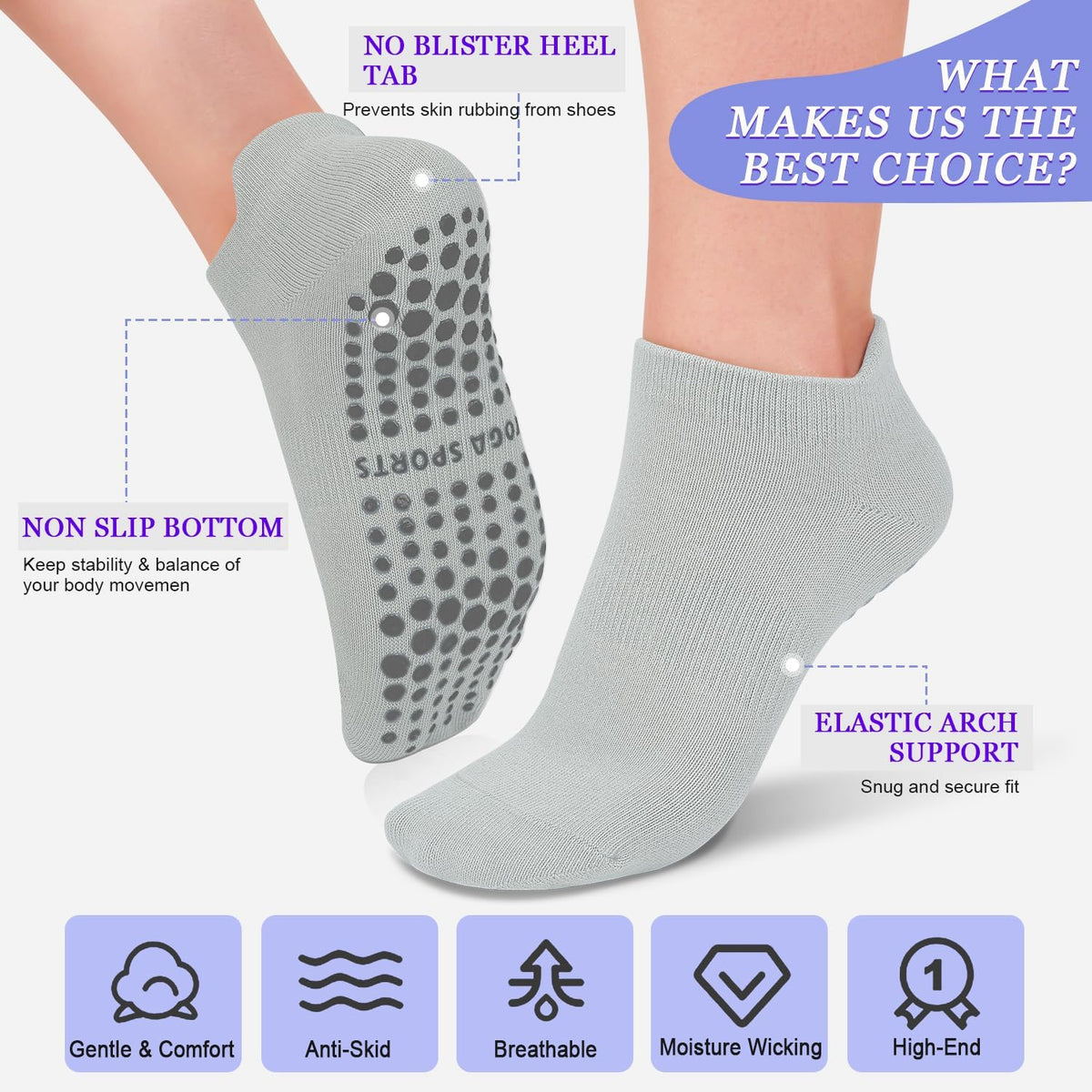 Pilates Socks for Women Non Slip Grip Socks for Yoga, Barre, Hospital, Barefoot Grippy Yoga Sock Womens Gifts 4 Pairs