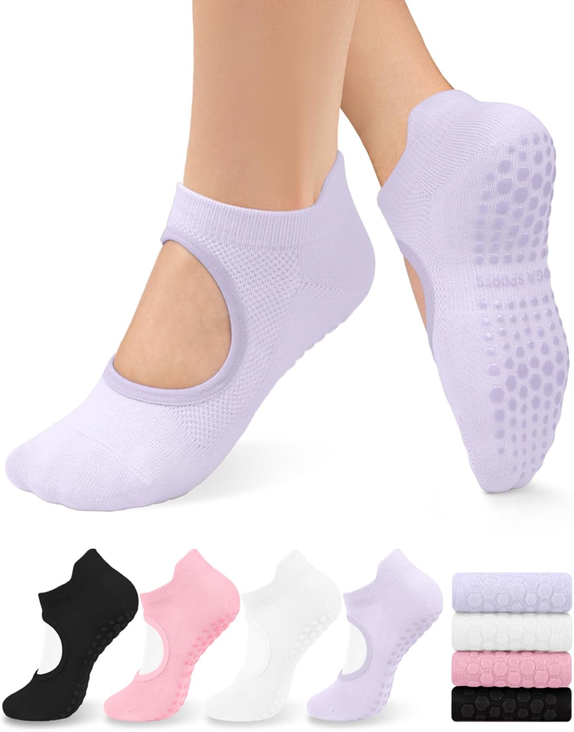 Pilates Socks for Women Non Slip Grip Socks for Yoga, Barre, Hospital, Barefoot Grippy Yoga Sock Womens Gifts 4 Pairs