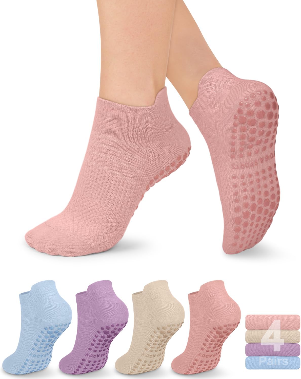 Pilates Socks for Women Non Slip Grip Socks for Yoga, Barre, Hospital, Barefoot Grippy Yoga Sock Womens Gifts 4 Pairs