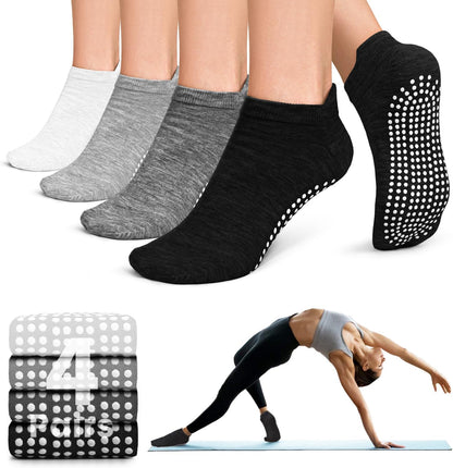 Pilates Socks for Women Non Slip Grip Socks for Yoga, Barre, Hospital, Barefoot Grippy Yoga Sock Womens Gifts 4 Pairs