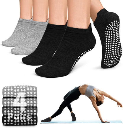 Pilates Socks for Women Non Slip Grip Socks for Yoga, Barre, Hospital, Barefoot Grippy Yoga Sock Womens Gifts 4 Pairs