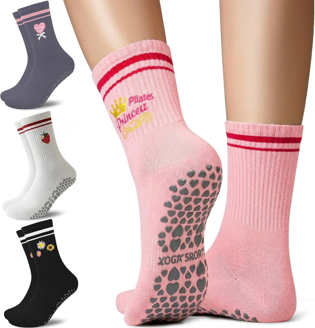 Pilates Socks for Women Non Slip Grip Socks for Yoga, Barre, Hospital, Barefoot Grippy Yoga Sock Womens Gifts 4 Pairs