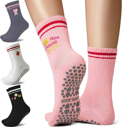 Pilates Socks for Women Non Slip Grip Socks for Yoga, Barre, Hospital, Barefoot Grippy Yoga Sock Womens Gifts 4 Pairs
