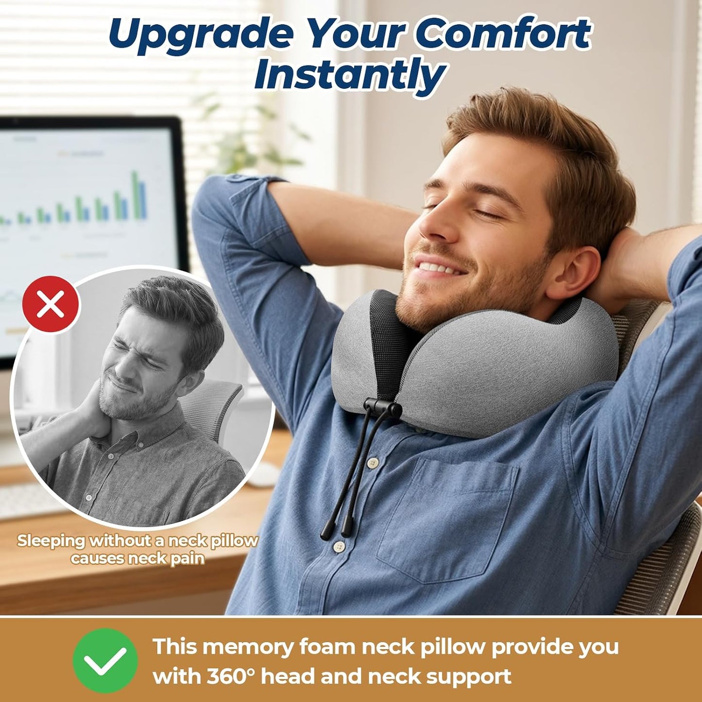 Travel Pillow, Memory Foam Neck Pillow Airplane, Grey