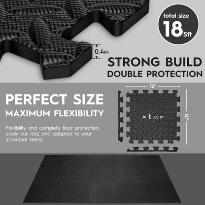 18pcs Puzzle Exercise Mat, 12.6"x12.6"x0.4", 18sqft EVA Interlocking Foam Floor Tiles, Protective, Water-Resistant Flooring for Home Gym & Workout Equipment