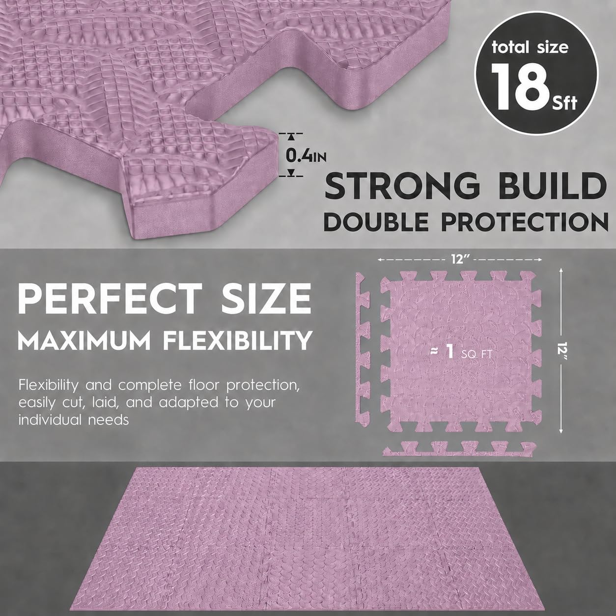 18pcs Puzzle Exercise Mat, 12.6"x12.6"x0.4", 18sqft EVA Interlocking Foam Floor Tiles, Protective, Water-Resistant Flooring for Home Gym & Workout Equipment