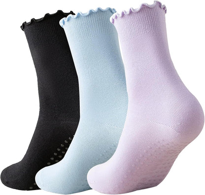3 Pairs Pilates Socks with Grips Non-slip Ruffle Yoga Sock Grip Sock for Women