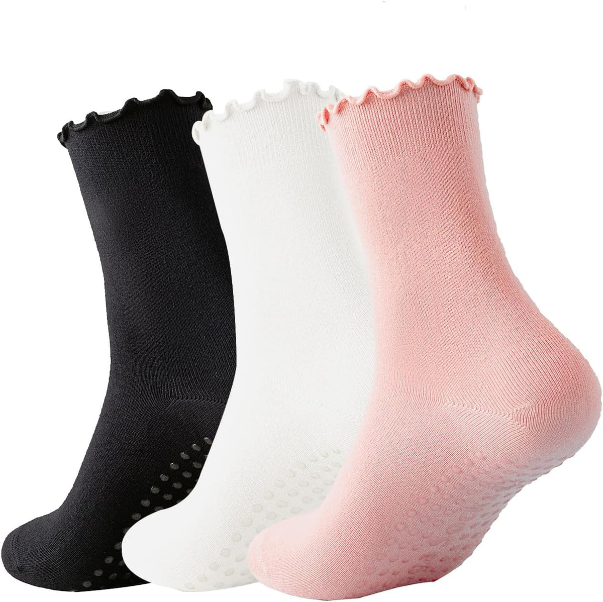 3 Pairs Pilates Socks with Grips Non-slip Ruffle Yoga Sock Grip Sock for Women