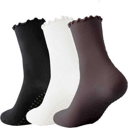 3 Pairs Pilates Socks with Grips Non-slip Ruffle Yoga Sock Grip Sock for Women