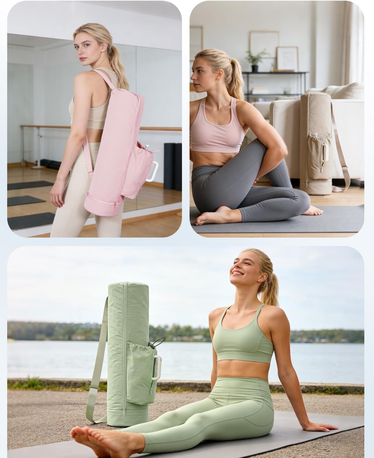 Puffy Yoga Mat Bag Yoga Gym Bags for Women Men, Full-Zip Pilates Bag with Wet Pocket & Side Zip Drawstring Pocket Fits Tumblers with Handle, Yoga Mat Storage for Carrier Quick Access