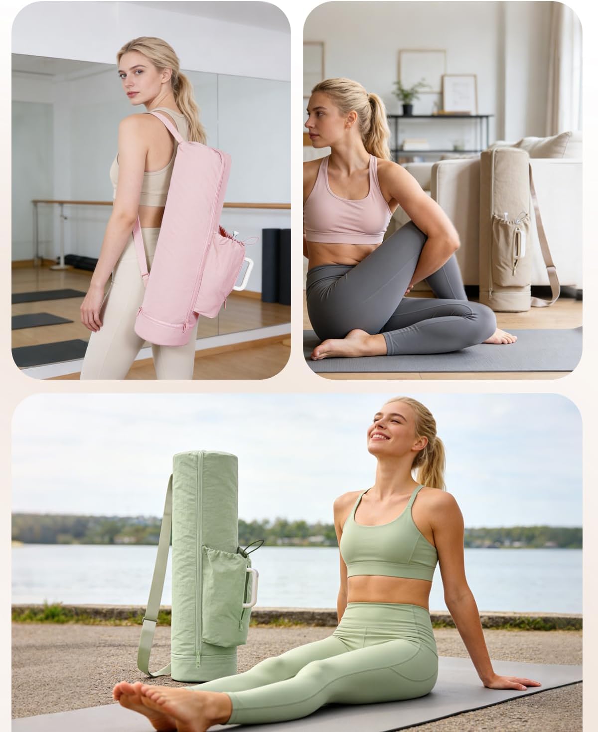 Puffy Yoga Mat Bag Yoga Gym Bags for Women Men, Full-Zip Pilates Bag with Wet Pocket & Side Zip Drawstring Pocket Fits Tumblers with Handle, Yoga Mat Storage for Carrier Quick Access