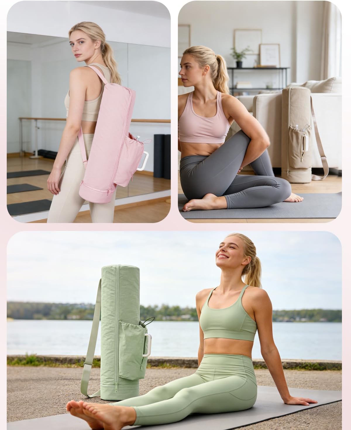 Puffy Yoga Mat Bag Yoga Gym Bags for Women Men, Full-Zip Pilates Bag with Wet Pocket & Side Zip Drawstring Pocket Fits Tumblers with Handle, Yoga Mat Storage for Carrier Quick Access