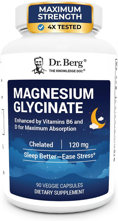 Dr. Berg Magnesium Glycinate 90ct – 4-in-1 Chelated for Muscle, Nerve, Sleep & Stress Support*– w/ D3, B6 & Zinc – 4X Lab-Tested – No Fillers – Formulated in USA, GMP-Certified