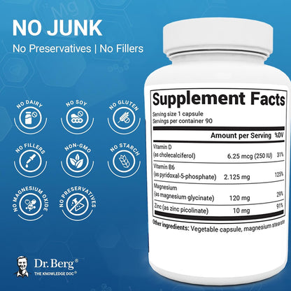Dr. Berg Magnesium Glycinate 90ct – 4-in-1 Chelated for Muscle, Nerve, Sleep & Stress Support*– w/ D3, B6 & Zinc – 4X Lab-Tested – No Fillers – Formulated in USA, GMP-Certified