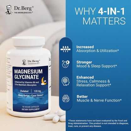 Dr. Berg Magnesium Glycinate 90ct – 4-in-1 Chelated for Muscle, Nerve, Sleep & Stress Support*– w/ D3, B6 & Zinc – 4X Lab-Tested – No Fillers – Formulated in USA, GMP-Certified