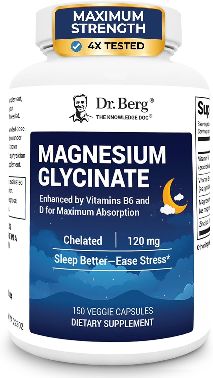 Dr. Berg Magnesium Glycinate 90ct – 4-in-1 Chelated for Muscle, Nerve, Sleep & Stress Support*– w/ D3, B6 & Zinc – 4X Lab-Tested – No Fillers – Formulated in USA, GMP-Certified