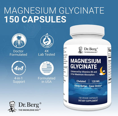 Dr. Berg Magnesium Glycinate 90ct – 4-in-1 Chelated for Muscle, Nerve, Sleep & Stress Support*– w/ D3, B6 & Zinc – 4X Lab-Tested – No Fillers – Formulated in USA, GMP-Certified
