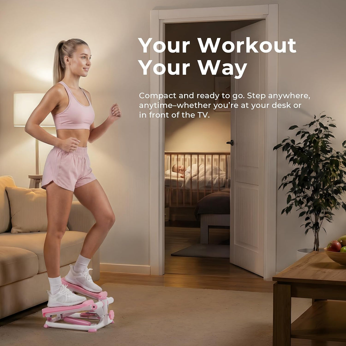 Mini Steppers with Digital Monitor and Resistance Bands, Compact Low-Impact Cardio Machines for Home Workouts
