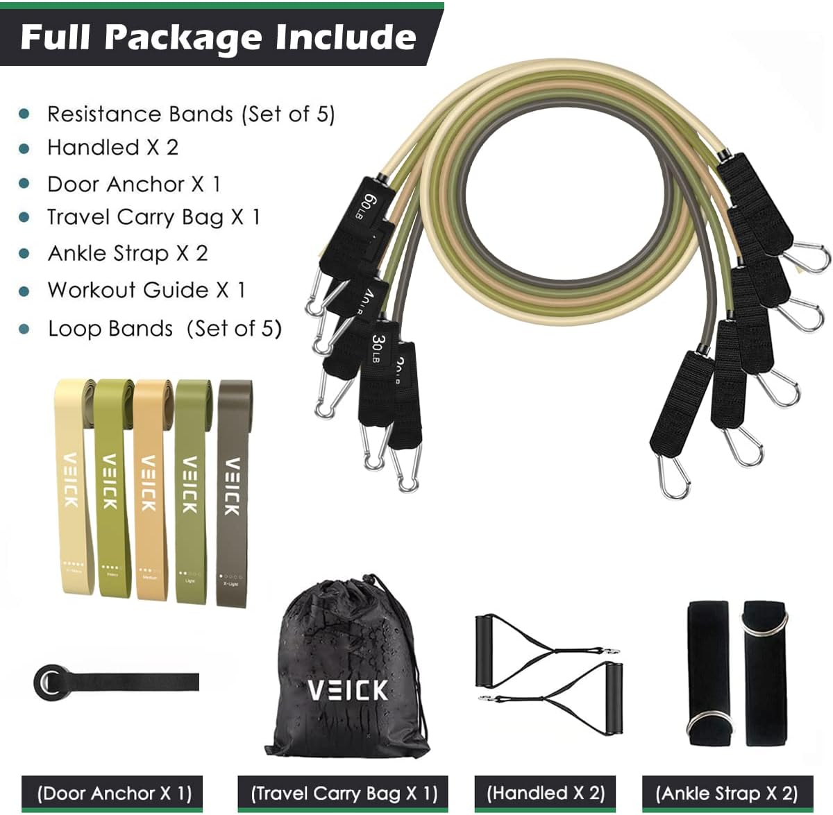 VEICK Resistance Bands Set, 10-150 LBS Stackable Exercise Bands with Handles, Ankle Straps & Door Anchor, Workout Bands for Home Gym, Yoga, Pilates, Physical Therapy for Men Women