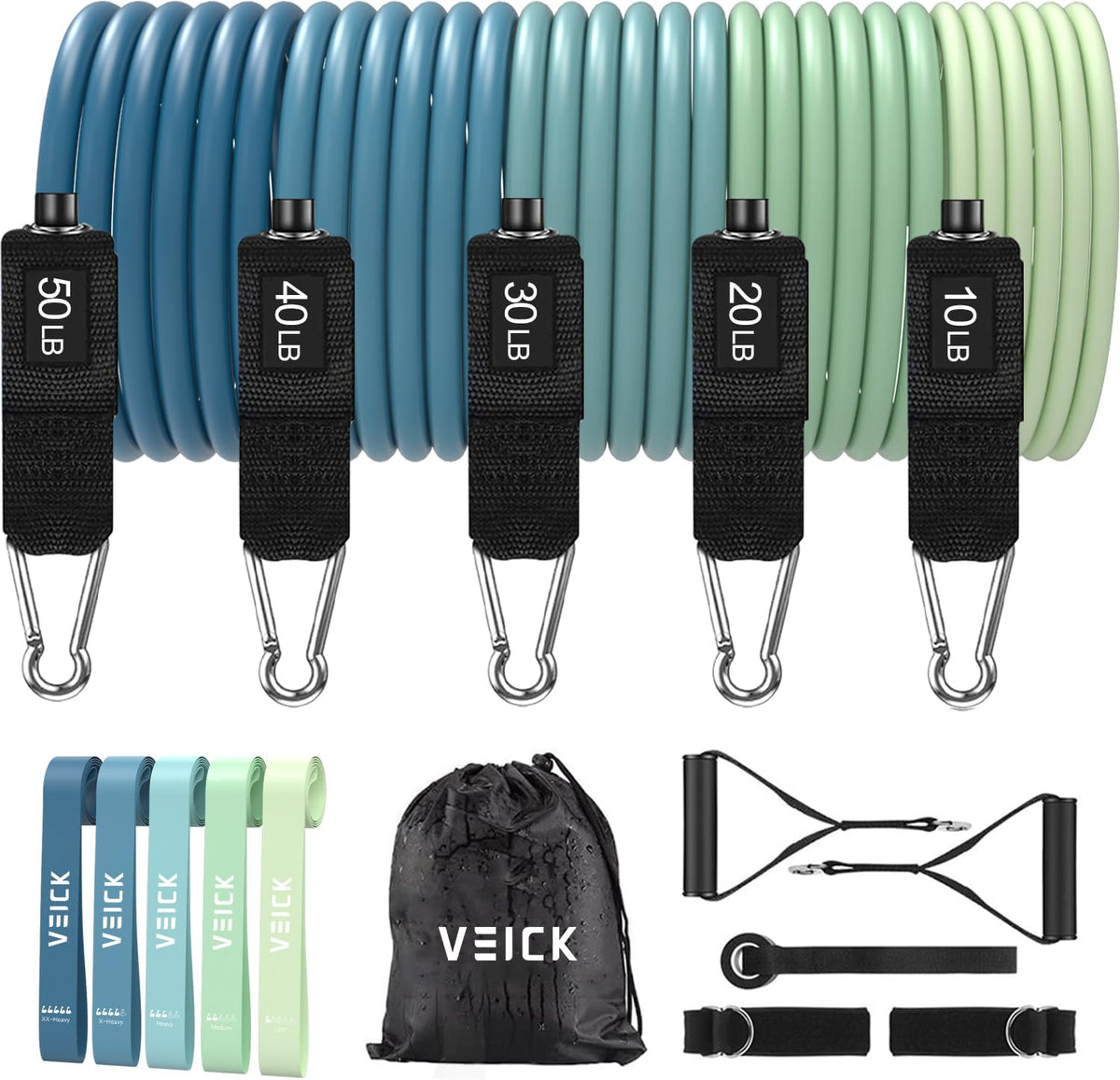 VEICK Resistance Bands Set, 10-150 LBS Stackable Exercise Bands with Handles, Ankle Straps & Door Anchor, Workout Bands for Home Gym, Yoga, Pilates, Physical Therapy for Men Women