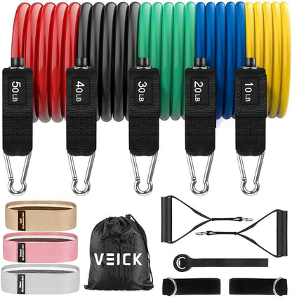 VEICK Resistance Bands Set, 10-150 LBS Stackable Exercise Bands with Handles, Ankle Straps & Door Anchor, Workout Bands for Home Gym, Yoga, Pilates, Physical Therapy for Men Women