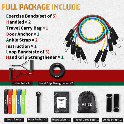 VEICK Resistance Bands Set, 10-150 LBS Stackable Exercise Bands with Handles, Ankle Straps & Door Anchor, Workout Bands for Home Gym, Yoga, Pilates, Physical Therapy for Men Women