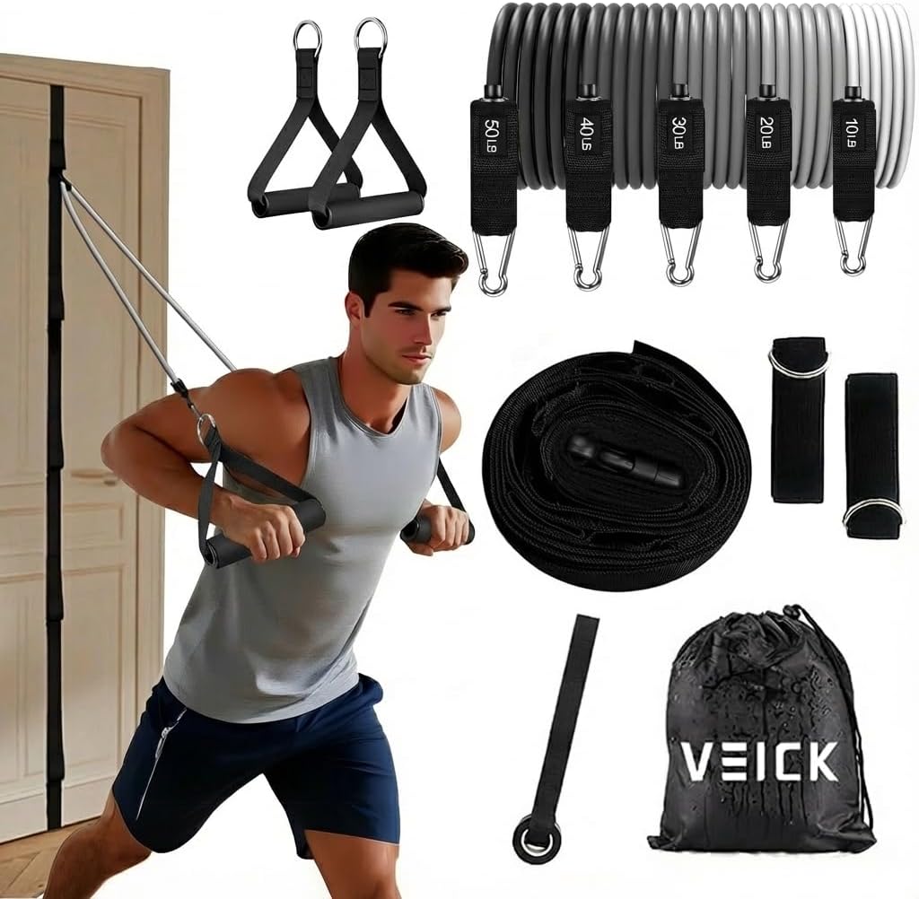 VEICK Resistance Bands Set, 10-150 LBS Stackable Exercise Bands with Handles, Ankle Straps & Door Anchor, Workout Bands for Home Gym, Yoga, Pilates, Physical Therapy for Men Women