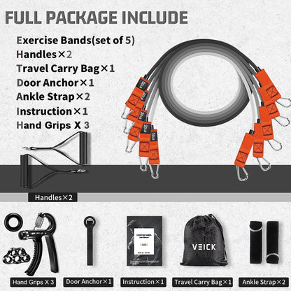 VEICK Resistance Bands Set, 10-150 LBS Stackable Exercise Bands with Handles, Ankle Straps & Door Anchor, Workout Bands for Home Gym, Yoga, Pilates, Physical Therapy for Men Women