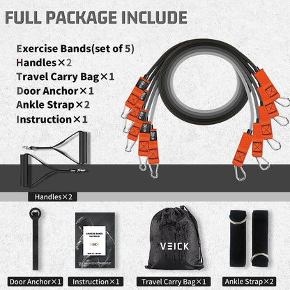 VEICK Resistance Bands Set, 10-150 LBS Stackable Exercise Bands with Handles, Ankle Straps & Door Anchor, Workout Bands for Home Gym, Yoga, Pilates, Physical Therapy for Men Women