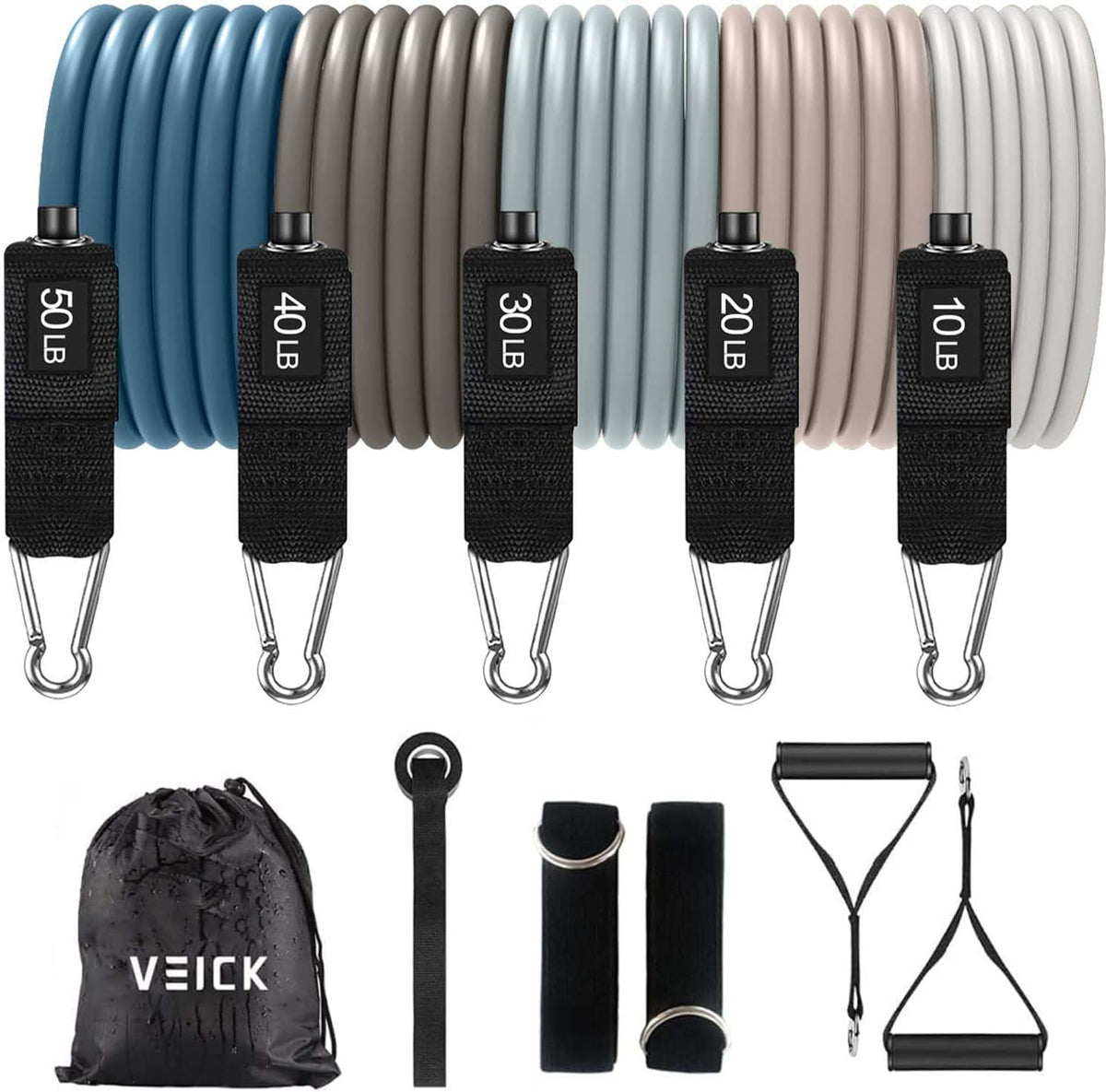 VEICK Resistance Bands Set, 10-150 LBS Stackable Exercise Bands with Handles, Ankle Straps & Door Anchor, Workout Bands for Home Gym, Yoga, Pilates, Physical Therapy for Men Women