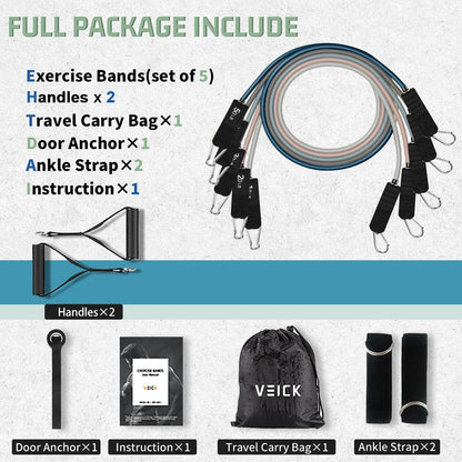 VEICK Resistance Bands Set, 10-150 LBS Stackable Exercise Bands with Handles, Ankle Straps & Door Anchor, Workout Bands for Home Gym, Yoga, Pilates, Physical Therapy for Men Women