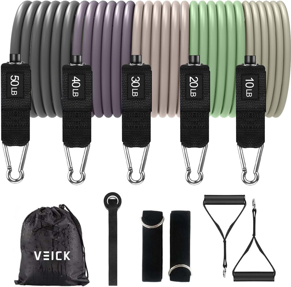 VEICK Resistance Bands Set, 10-150 LBS Stackable Exercise Bands with Handles, Ankle Straps & Door Anchor, Workout Bands for Home Gym, Yoga, Pilates, Physical Therapy for Men Women