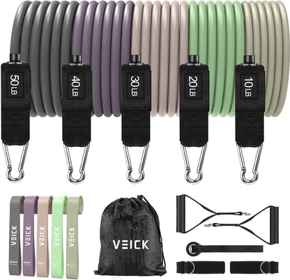 VEICK Resistance Bands Set, 10-150 LBS Stackable Exercise Bands with Handles, Ankle Straps & Door Anchor, Workout Bands for Home Gym, Yoga, Pilates, Physical Therapy for Men Women