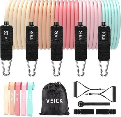 VEICK Resistance Bands Set, 10-150 LBS Stackable Exercise Bands with Handles, Ankle Straps & Door Anchor, Workout Bands for Home Gym, Yoga, Pilates, Physical Therapy for Men Women