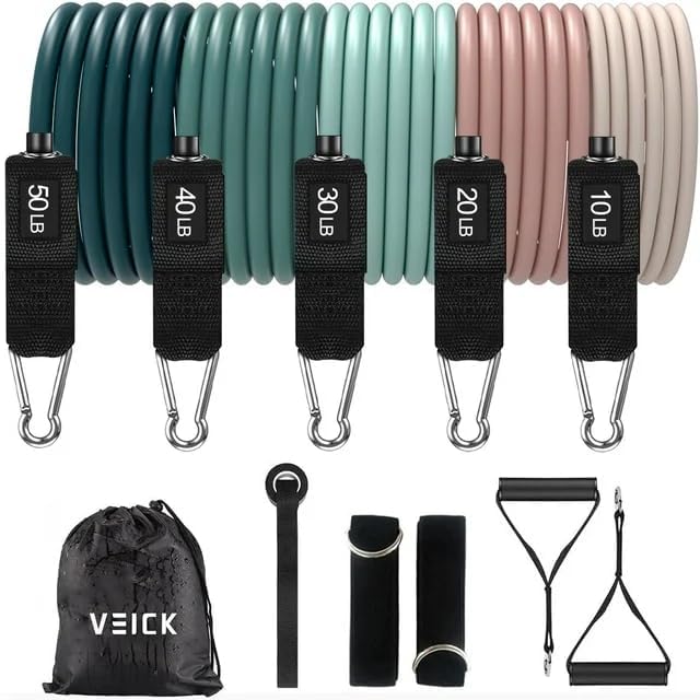 VEICK Resistance Bands Set, 10-150 LBS Stackable Exercise Bands with Handles, Ankle Straps & Door Anchor, Workout Bands for Home Gym, Yoga, Pilates, Physical Therapy for Men Women